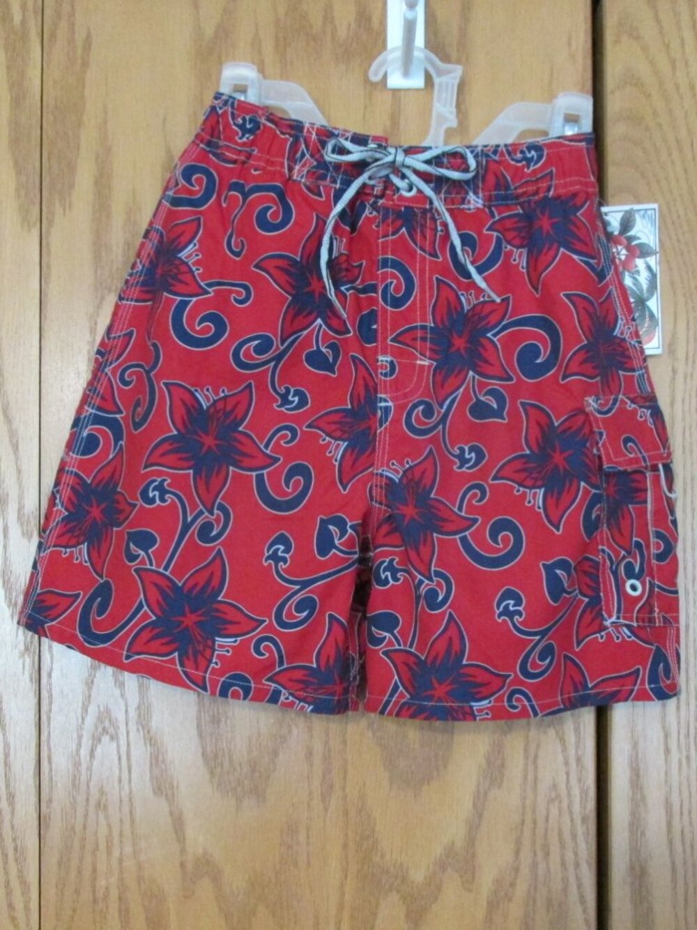 ISLANDER BOY'S SIZE 6 / 7 SWIM TRUNKS RED, BLUE HAWAIIAN SUIT WEAR BOARD NWT